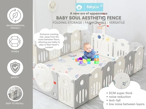 Image of 39 Sq Ft Extra Large Baby Playpen | Space-Themed 16-Panel Play Yard with Soft Mat, Basketball Hoop & Ball Pit Area | Indoor /Outdoor Toddler Fence | Grey-White | ISO & CE Certified