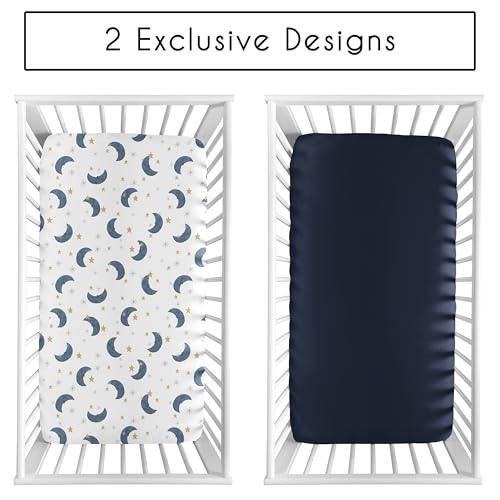 Image of Sweet Jojo Designs 2-Piece Baby Crib Sheets Set (Moon and Star) for Girls /Boys, Infant Nursery, Toddler Room - Fitted, Standard Size (Solid Navy Blue and Watercolor, Celestial, Sky, Stars and Moons)