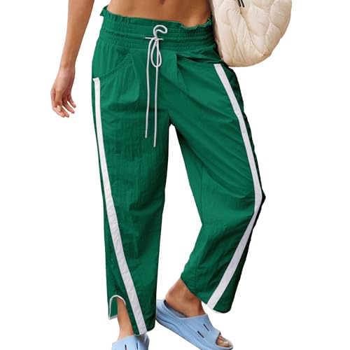 Casual Wide Leg Pants Woman Drawstring Elastic Waist High Rise Strip Flowy Long Lounge Trousers with Pockets