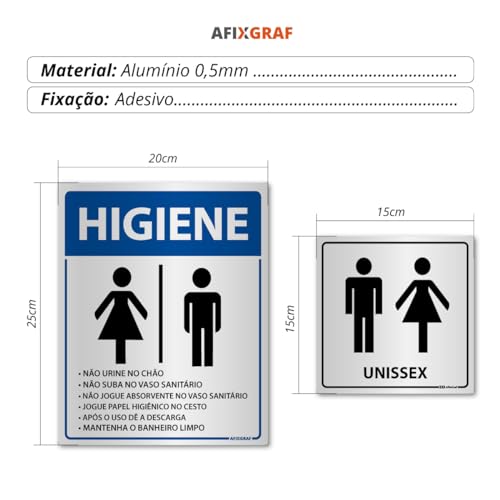Placas de Sinalização para Banheiro Unissex e Aviso de Higiene Alumínio Kit 2 und
