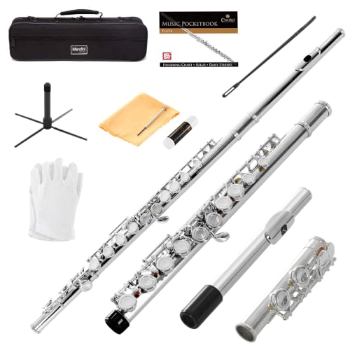 Image of Mendini by Cecilio 16 Keys Closed Hole C Flute Kit for Beginners - Nickel | Beginner Flute Kit with Carrying Case, Stand, Tuning Rod, Adjustment Screws, Cork Grease, Lesson Book, Cleaning Kit, Gloves