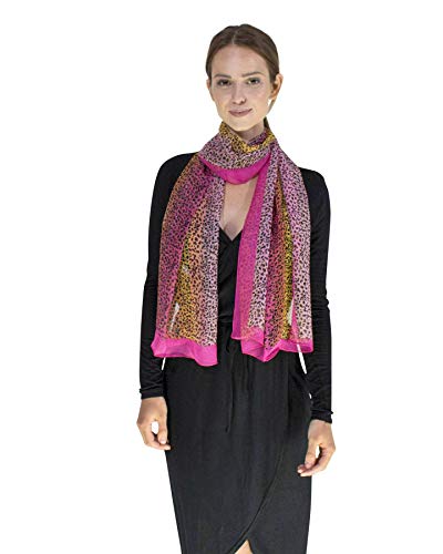 Basic Sense Luxurious Silk Blend Leopard Animal Print Tie Dye Bold Reversable Oblong Neck Scarf, Fuchsia