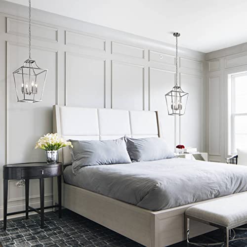 foucasal 4-Light Lantern Pendant Light, Brushed Nickel Hanging Light Fixtures Chandelier with E12 Bulb Base, 12" Adjustable Farmhouse Chandelier Lighting Fixture for Dining Room Kitchen Foyer - Image 6