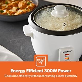 Geepas Rice Cooker, 0.6L | Electric Rice Cooker with Keep Warm Function, Automatic Cooking, Non-Stick Inner Pot | Includes Measuring Cup, Spatula & Glass Lid | 300W, 2 Year Warranty