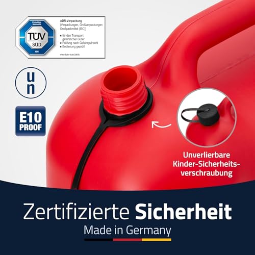 hünersdorff Kraftstoff-Kanister 813530 STANDARD für 20l für Benzin, Diesel und andere Gefahrgüter, UN-Zulassung, made in Germany, TÜV-geprüfter Produktion, rot