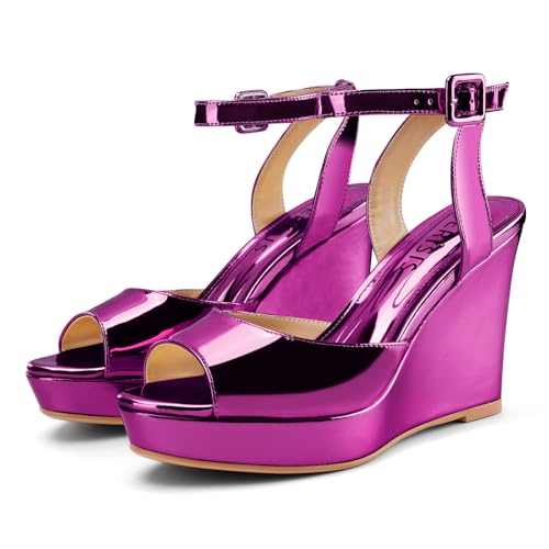 Image of Women's Dressy Platform Wedge Sandals Gold Wedges Peep Toe Patent High Heels Slingback Heeled Comfortable Ankle Strap Shoes
