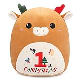 Hagusahuo Christmas Stuffed Animal, Reindeer Cow Plush My First Christmas Cartoon Elk Plush Pillow for Kids, Cute Stuffed Christmas Plush Gift for Boys, Girls Xmas