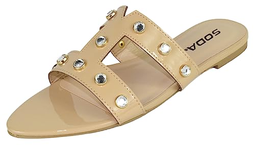 Soda Shoes Women's Sandals Double Strap Slides Rhinestone Bling Studded Open Pointed Toe YISKA-S (Beige, 7)