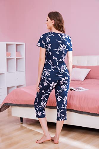 Ekouaer Ladies Pajamas Two Pieces Floral Printed Short Sleeves Shirt Set Capri Pants Sleepwear With Button Pjs Sets Navy Blue S #TOP3