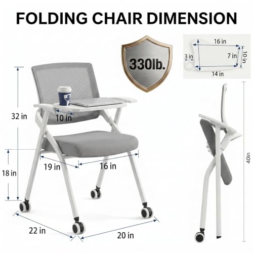 Image of Folding Office Chair Conference Room Chair with Armrest Mesh Back, Stackable Foldable Office Chair for Guest Reception Meeting Classroom Training Seminar (50, Gray- Wheel+Writing Board)
