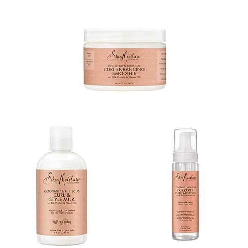 SheaMoisture Smoothie Curl Enhancing Cream for Thick & Coconut & Hibiscus Curl & Style Milk 8 oz & Curl Mousse para Control del Frizz Coco e Hibisco