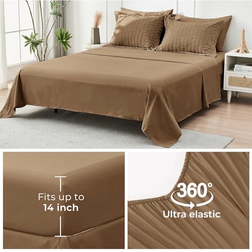 Image of HYMOKEGE Brown Oversized Queen Comforter Set Seersucker 7 Pieces, All Season Luxury Bed in a Bag for Bedroom, Bedding Set with Comforter, Sheets, Pillowcases & Shams
