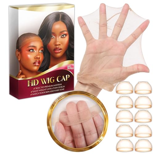 JESUMY Skinlike HD Wig Cap 10 Pieces, Ultra Thin Invisible and Sheer, Breathable Transparent HD Wig Cap, Thin Nylon Cap, Wig Cap for Lace, Wig Accessories for Women (5 PACK/10 PCS)