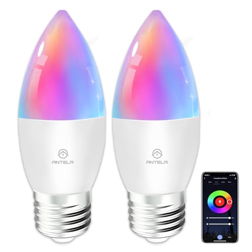 ANTELA Lampadine LED Alexa Inteligente WiFi E27 C37, 4,9W 470LM Dimmerabile RGB & 2700K-6500K Bianco Freddo Caldo, Compatibile con Alexa/Google Home, 2Pezzi