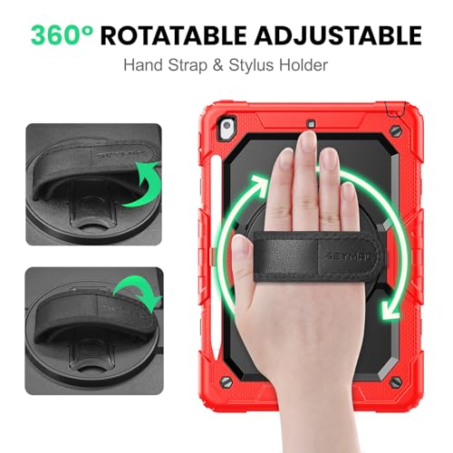 SEYMAC iPad 9th/ 8th/ 7th Generation Case 10.2" 2021/2020/2019, Full-Body Shockproof Heavy Duty Protective Case with Screen Protector, 360° Rotating Stand/Handle/Shoulder Strap for iPad 10.2, Red