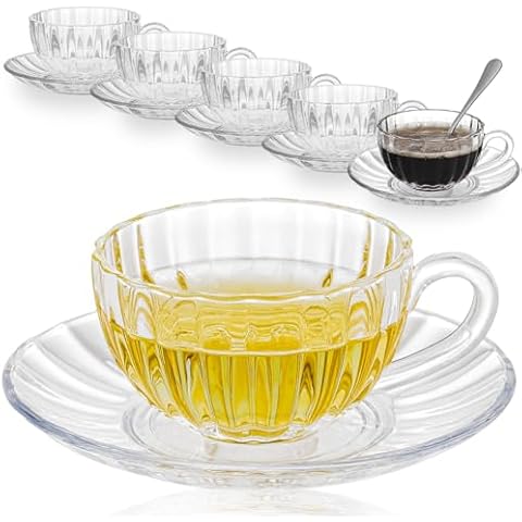 GURUDAR Glass Tea Cups and Saucers Set of 6, Clear Coffee Mugs with Stainless Steel Spoon, Dishwasher & Microwave Safe Teacups for Espresso Cappuccino Latte Tea Juice, 6OZ/180ML Cover