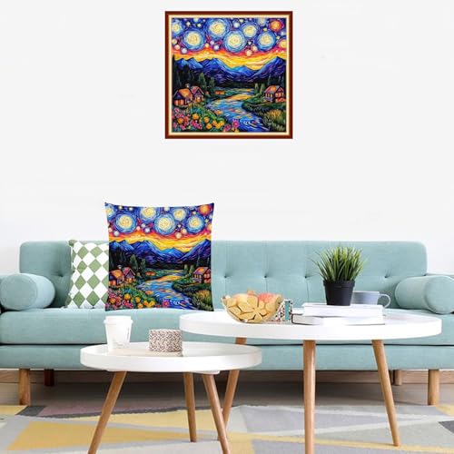 Image of Lovxvouy Pillow Cross Stitch Kits for Adults Beginners-Preprinted Needlepoint Kit Stamped Crossstitching Kits 11CT Cross-Stitch Kit Stitches Kit Embroidery Kits-Van Gogh Starry Sky Flowers 18x18 inchs