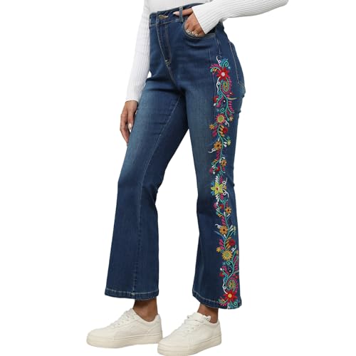 Grosy Boho Floral Embroidered Mom Jeans for Women Plus Size High Waisted Bell Bottom Bohemian Denim Pants Flare Jeans2
