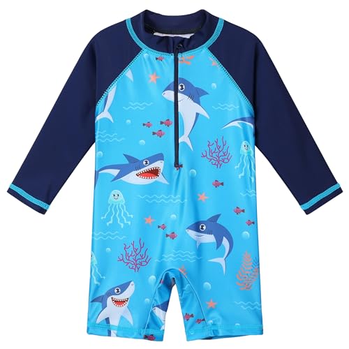 Image of HUAANIUE Toddler Boy Swimsuit Rashguard One-Piece Swimwear 0-6 Years | UPF 50+ sun protection, front zipper with chin guard, 4-way stretch quick-dry fabric, flatlock seams anti-chafing