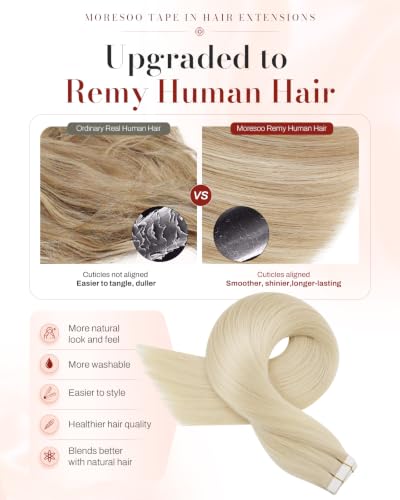 Image of Moresoo Platinum Blonde Tape in Hair Extensions Human Hair 12in 20Pcs 30g | Invisible tape in hair extensions, skin weft tabs, straight texture, shoulder-length cuts, office and weekend styling