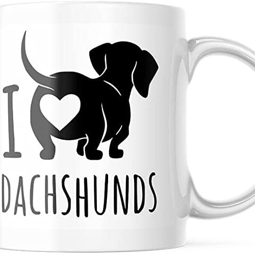 Taza de café blanca con texto en inglés "I Love Dachshunds de 11 onzas". Taza Weiner Lover Cup M763