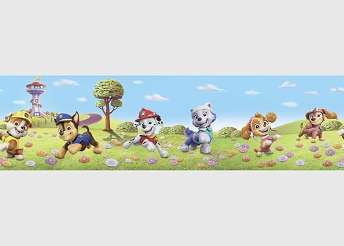 AG Design Selbstklebende Bordüre Paw Patrol Blumenfeld, AWBD 8036 | Wasserfest Kinderzimmer Wand Dekoration | Wandbordüre für Mädchen und Junge | Folie, Mehrfarbig | Breite 500 cm x Höhe 13.8 cm