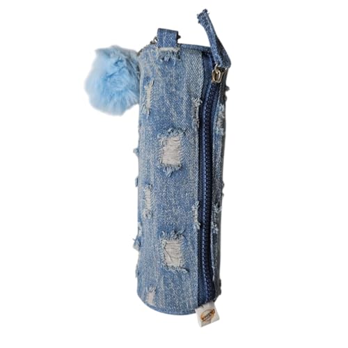 Estojo Jeans Rasgado Destroyed Pompom Azul Escolar Moderno