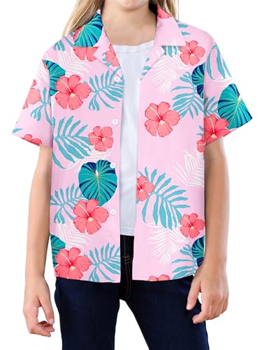 SANGTREE Girls Hawaiian Shirt Casual Short Sleeve Button Down Shirt Pink, 13-14 Years= Tag 180