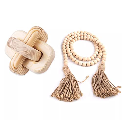 3-Link Decorative Wood Chain Link and Bead Garland Set Hand Carved with Tassel Farmhouse Wood Decor