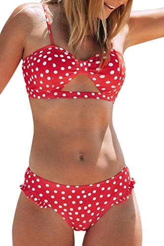 CUPSHE Women's Red Polka Dot Cutout Ruffles Back Hook Closure Bikini Sets, Size M