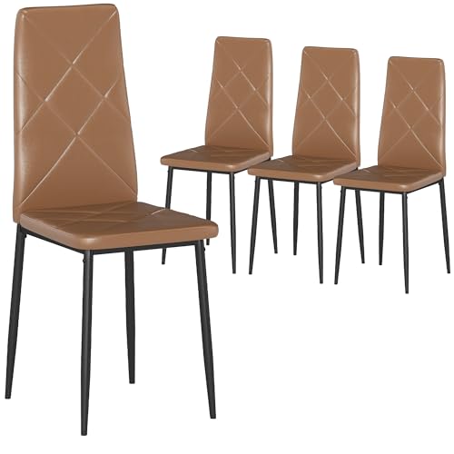 HOMCOM Set di 4 Sedie Sala da Pranzo in Finta Pelle, Sedie Cucina con Schienale Alto con Cuciture a Diamante e Gambe in Acciaio, Sedia Moderne per Cucina, Camera da Letto, Ufficio e Soggiorno, Marrone