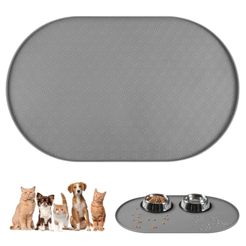 Adiwo Tappetino Ciotola Cane Antiscivolo, Tappetini Impermeabili di Alimentazione del Cane e del Gatto Antiscivolo in Silicone per Cibo e Acqua, Facile da Pulire, 50x25 cm, Grigio
