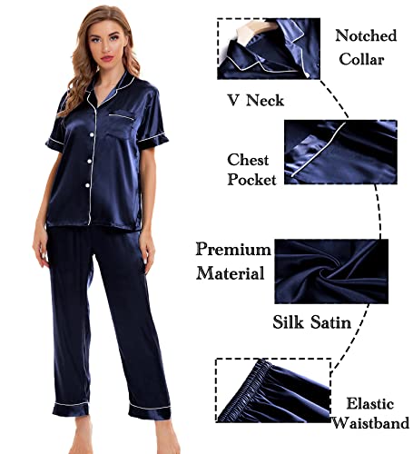 Image of SWOMOG Womens Silk Satin Pajamas Sets 4pcs Sleepwear Sexy Cami Shorts Set and Button Down Short Sleeve Pjs Loungewear