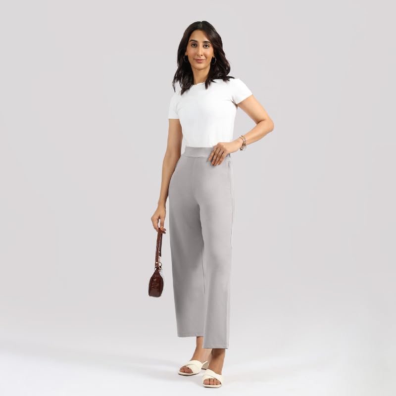 Image of BlissClub Women AM PM Cotton Wide Leg Pants | Wide Waistband | High Rise | Drawstring | 2 Pockets