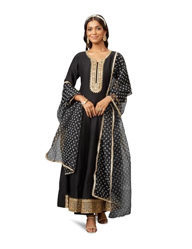 Image of Amazon Brand - Myx Women's Embroidered Anarkali Kurta Pant Set with Organza Dupatta | A-line fit (Available in Plus Sizes)