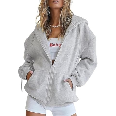 Taurus Womens Full Zip Up Hoodies Oversized Sweatshirt Casual Jacket Fashion Fall Outfits Long Sleeve Hooded with Pockets (Gray, M) Cover