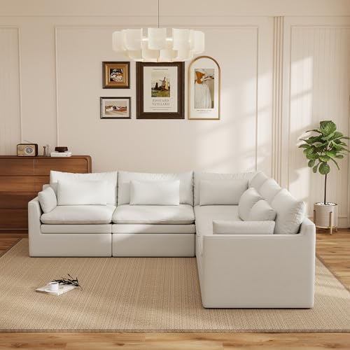 Image of WJShome Modular Sectional Sofa, Deep Seat V-Shaped Cloud Couch with Water-Resistant & Stain-Resistant Fabric, Removable Washable Covers,Modern Sleeper Sofa for Living Room, Apartment, White