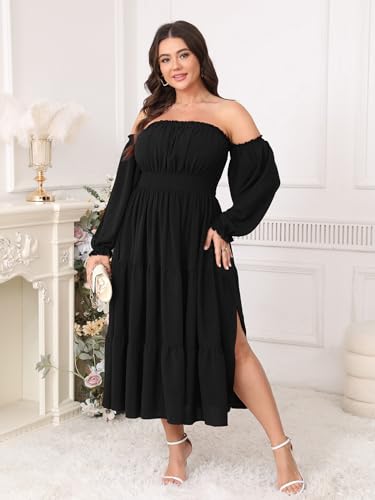 Plus Size Wedding Guest Dress Off The Shoulder Long Sleeve Smocked Slit Cocktail Party Maxi Dress for Curvy Women4