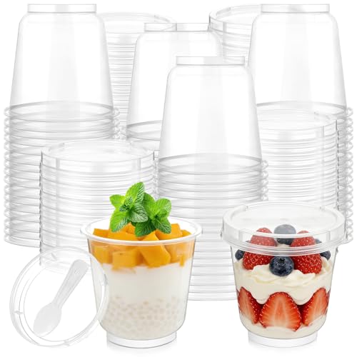 HFYZZ 100 Pack 9 oz Plastic Dessert Cups with Lids and Spoons, Clear Yogurt Parfait Appetizer Cups for Wedding Party, Mini Dessert Shooter Cups for Pudding Jello Milkshake Fruit Ice Cream