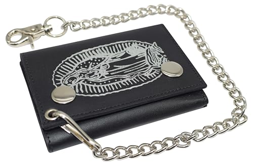 MARSHAL Guadalupe Virgin Men's Trifold Biker RFID Blocking Genuine Leather Steel Chain Wallet Snap closure for Men (Guadalupe Virgin)