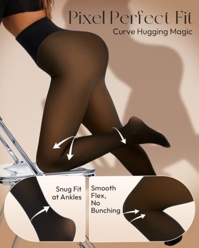 Image of Fleece Lined Tights Women One Line High Waist Warm Sheer Fleece Tights Thick Thermal Pantyhose Winter Black