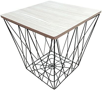 HOMION Retro Metal Wire Square Wood Top Storage Side Table Basket Home Furniture (Grey)