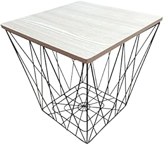 HOMION Retro Metal Wire Square Wood Top Storage Side Table Basket Home Furniture (Grey)