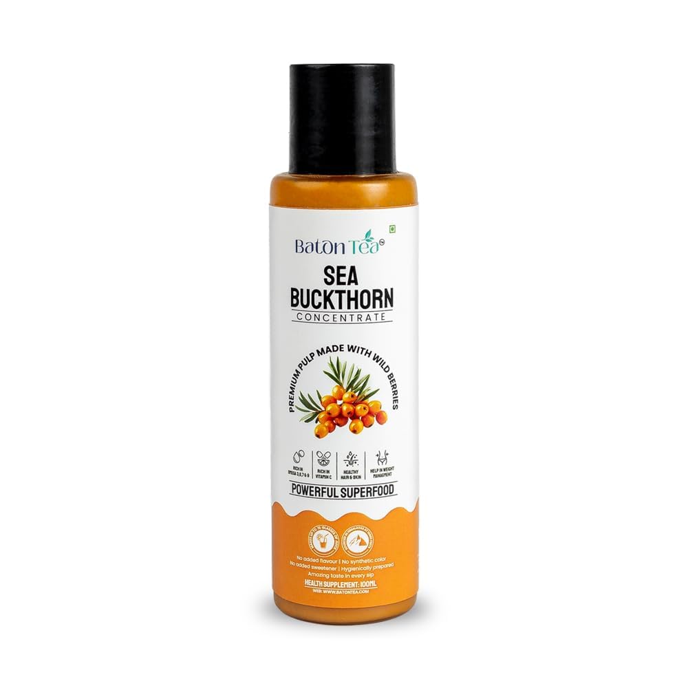 Baton Himalayan Sea Buckthorn Pulp Pure Berry Concentrate, Rich in Omega 3-6-7-9 & Vitamin C, Immunity Booster, No Sugar Added, Supports Skin & Heart Health (100ml Pack 1)