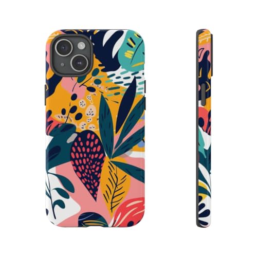 Coque antichoc iPhone 15 Plus rigide brillante feuilles tropicales
