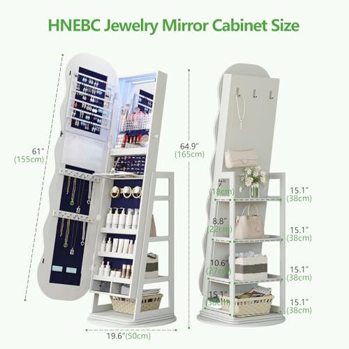Image of HNEBC 360 Swivel Jewelry Cabinet with Lights, LED Jewelry Armoire with Mirror, Wavy Wide Full-Length Mirror with Storage, Lockable Mirror Jewelry Cabinet Standing (White)