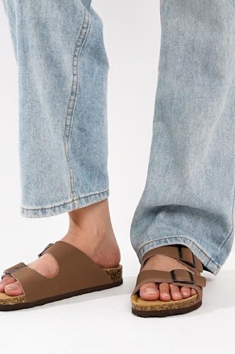 Image of Project Cloud 100% Genuine Leather Flat Sandals For Women 2026 Cork Footbed Womens Sandals with Memory Foam and arch support Vacation Essentials Slides for Women Footwear (Venita)