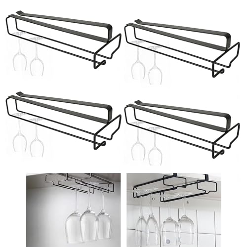 Lot De 4 Supports à Verres à Vin à Suspendre Sous Placard - Auto-adhésif, Sans Perçage - Blanc, 25.3x11cm - Pour Bar, Cuisine