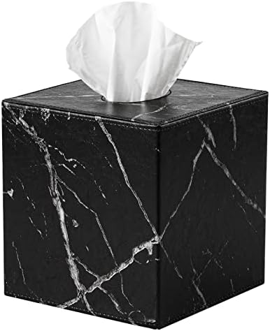Lewondr Tissue Box Cover, Modern Square PU Leather Facial Tissue Box Holder, Decorative Organizer Napkin Storage Box Toilet Paper Case for Tabletop Bathroom Vanity Car Office Home, Marble Black+Gold