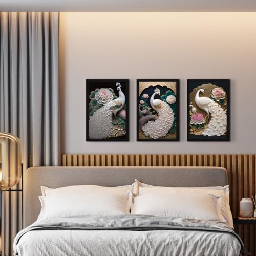 Image of ArtX Paper Peacock Painting For Wall Vastu For Living Room Decoration Big Size, Framed Painting for Wall Decoration, Wall Decor For Bedroom, Multicolor, 12x18 inches, Set Of 3